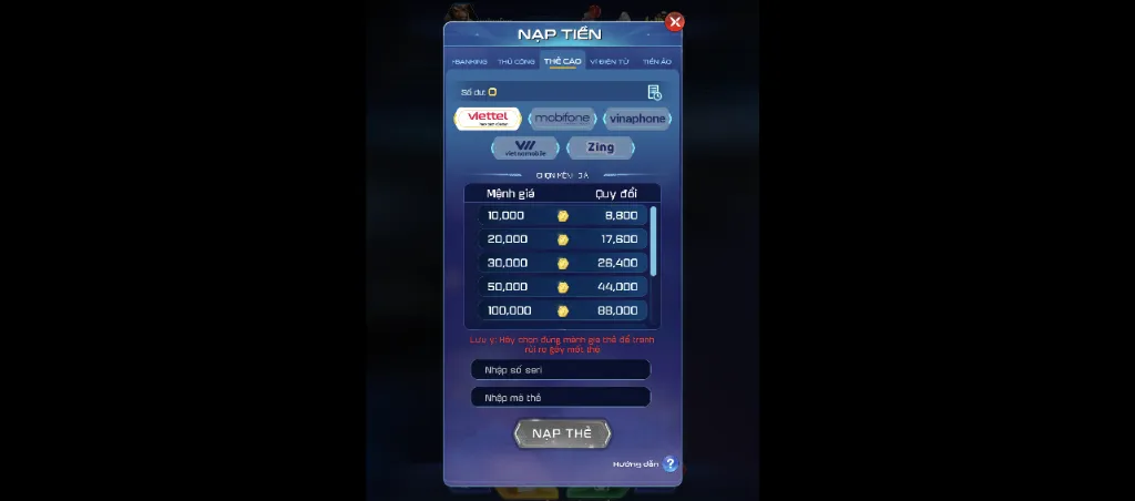Nạp tiền qua thẻ cào